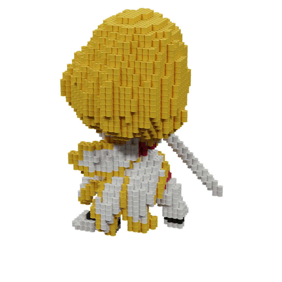 Patrón Cha Hae-in anime fusebeads 3D - Vista lateral trasera mostrando cabello rubio y armadura desde ángulo complementarioPatrón Cha Hae-in Solo Leveling fusebeads 3D - Vista trasera mostrando cabello rubio y armadura desde ángulo complementario