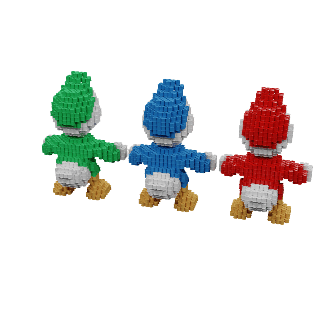 Patrón Sobrinos Donald Duck Disney fusebeads 3D - Huey Dewey Louie vista frontal grupal con colores característicos verde azul rojoPatrón Sobrinos Pato Donald Disney fusebeads 3D - Vista frontal horizontal con Louie, Dewey y Huey brazos extendidos