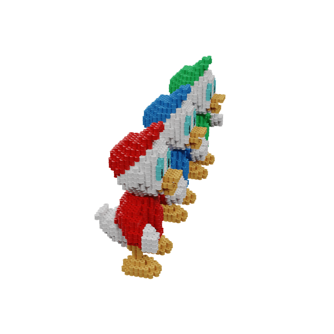 Patrón Sobrinos Pato Donald Disney fusebeads 3D - Vista lateral derecha de Huey, Dewey y Louie con perfiles detallados