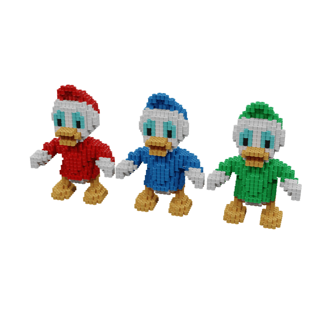 Patrón Sobrinos Pato Donald Disney fusebeads 3D - Vista frontal detallada con caras, picos naranjas y ojos azules de Huey, Dewey y Louie